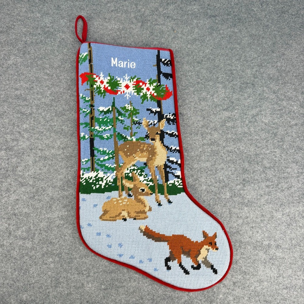 LL Bean Needlepoint Christmas Stocking Personalized Marie Deer Fox Forest Red